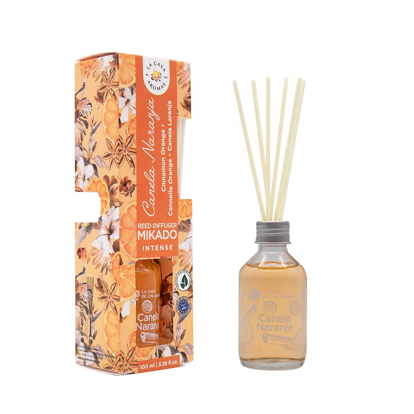 Изображение товара LА CASA DE LOS AROMAS Жидкий ароматизатор для воздуха с палочками MIKADO. «Апельсин и корица», 100 мл