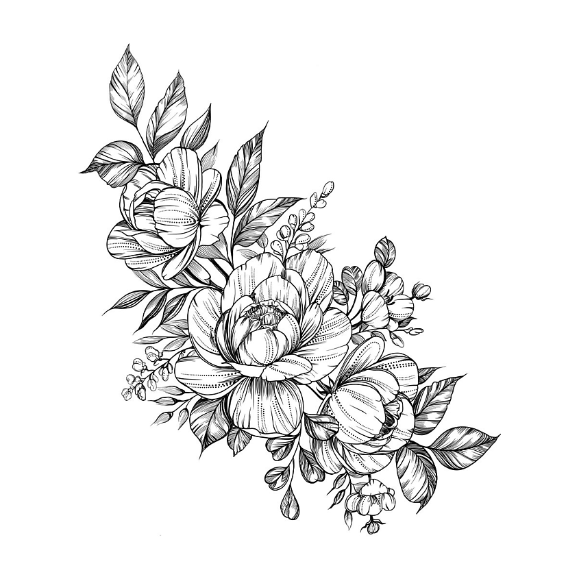 Изображение товара Переводная временная татуировка Черные пионы 24х32 см для тела