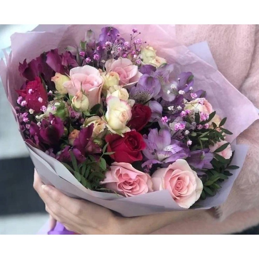 Изображение товара VORNIKOV BOUQUETS Букет Сиреневый туман, Альстромерия сиреневая (5 шт.), роза кения (8 шт.), роза кустовая (4 шт.), гипсофила (1 шт.), писташ (1 шт.) (28х40 см)