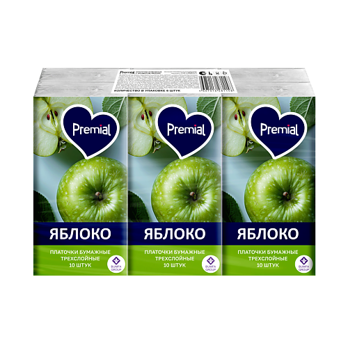 PREMIAL Платочки бумажные трехслойные белые с ароматом зеленого яблока 60.0