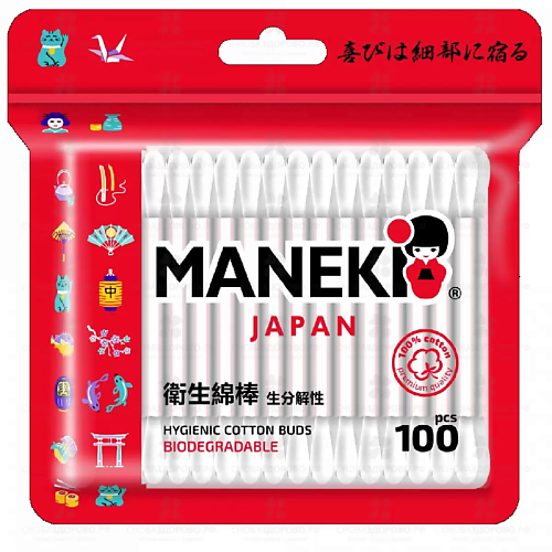 

MANEKI Палочки ватные Red с белым бумажным стиком 100.0, Палочки ватные Red с белым бумажным стиком