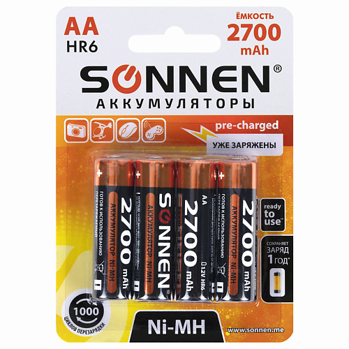 

SONNEN Батарейки аккумуляторные Ni-Mh пальчиковые КОМПЛЕКТ АА (HR6), Батарейки аккумуляторные Ni-Mh пальчиковые КОМПЛЕКТ АА (HR6)