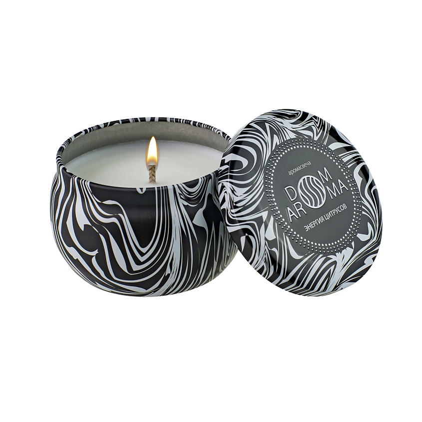 Изображение товара Ароматическая свеча DOM AROMA Энергия цитрусов 125 г в алюминиевом подсвечнике