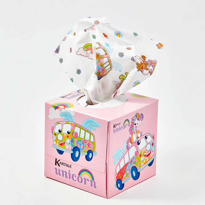 Изображение товара KARTIKA Салфетки бумажные косметические с рисунком 3 слоя "Единорог ХИППИ", 56 шт.