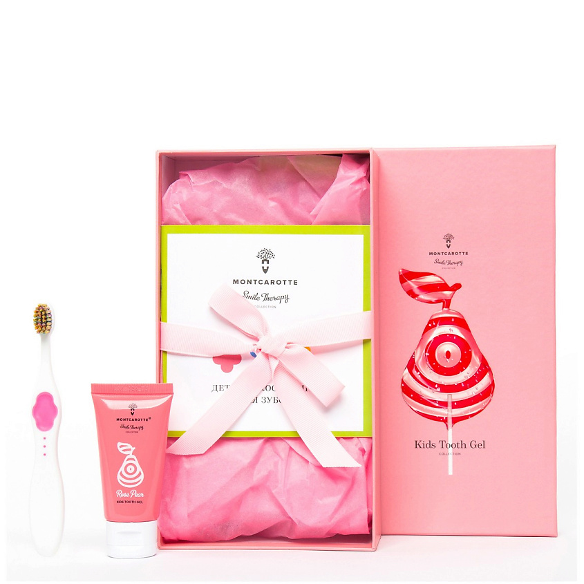 Изображение товара MONTCAROTTE Подарочный набор детской косметики для зубов "Розовая груша", Гель в тюбик - 30 мл, Гель в саше - 5 мл * 5 шт.