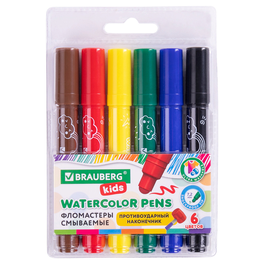 Изображение товара Набор смываемых детских фломастеров BRAUBERG KIDS 6 шт с противоударным наконечником