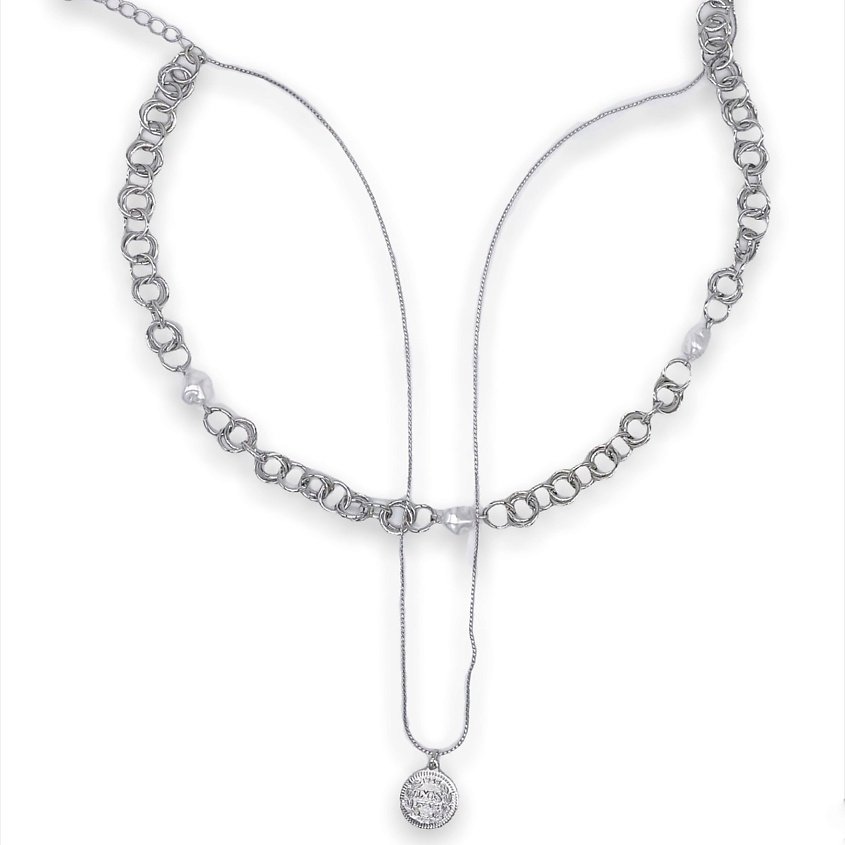 Изображение товара Стильное серебряное колье из двух цепей с монеткой и жемчугом FOROSTINA.K