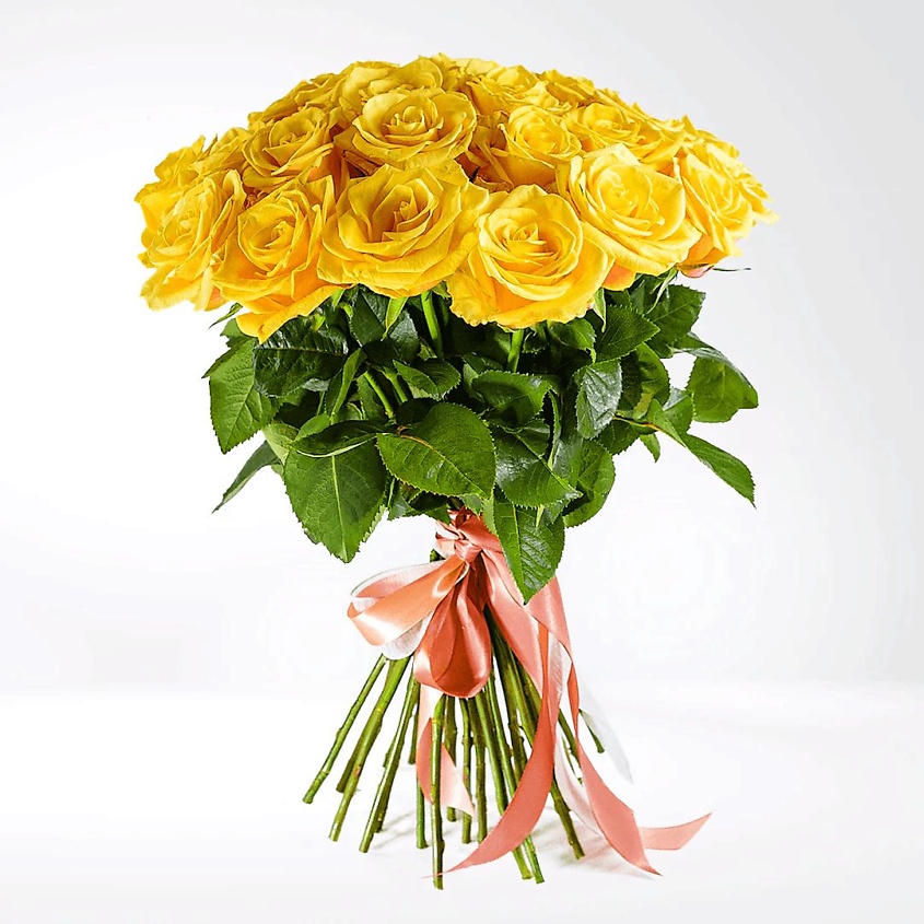 Изображение товара Букет из 19 желтых роз с лентами и сюрпризом 50 см