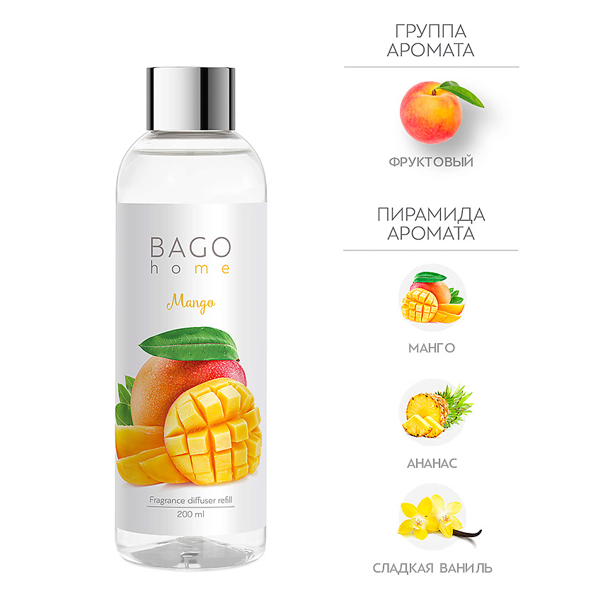 Изображение товара Набор наполнитель и фибровые палочки для ароматического диффузора Манго BAGO HOME 200 мл