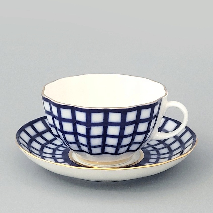 Изображение товара ИМПЕРАТОРСКИЙ ФАРФОРОВЫЙ ЗАВОД Чашка с блюдцем чайная "Кобальтовая клетка", 1 шт.