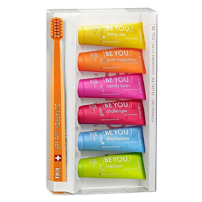 Изображение товара CURAPROX BE YOU Набор зубных паст Шесть вкусов + Зубная щетка Kids, 1 шт. + 6х10 мл
