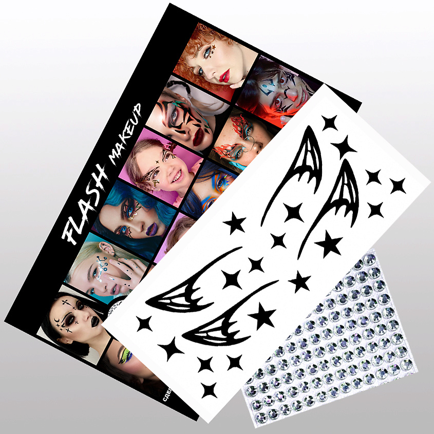 Изображение товара VLASOVA JULIA Наклейки для макияжа крыло дракона черные матовые и стразы F01, наклейки стрелки крыло дракона для лица черные -1 лист ; стразы-1 лист ;картонная брендированная упаковка-1 шт; пакет прозрачный-1шт