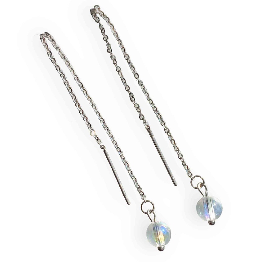Изображение товара KOKOSHNIKI Серьги протяжки серебристые на цепочках с радужной бусиной, цвет: Прозрачный