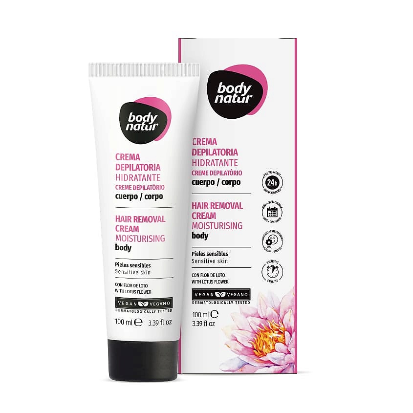 Изображение товара BODY NATUR Крем для депиляции увлажняющий для тела для чувствительной кожи с экстрактом цветка лотоса Hair Removal Cream Mousturising Body, 100 мл