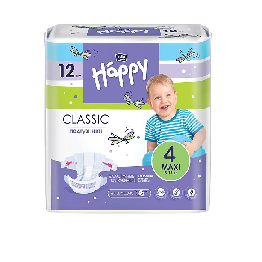Изображение товара BELLA BABY HAPPY Подгузники для детей Classic Maxi с эластичными боковинками, 12 шт