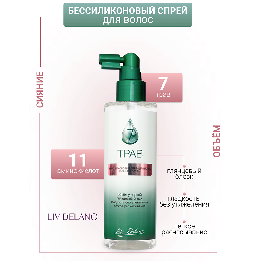 Изображение товара LIV DELANO Спрей для волос бессиликоновый Сияние и объем 7 трав, 200мл