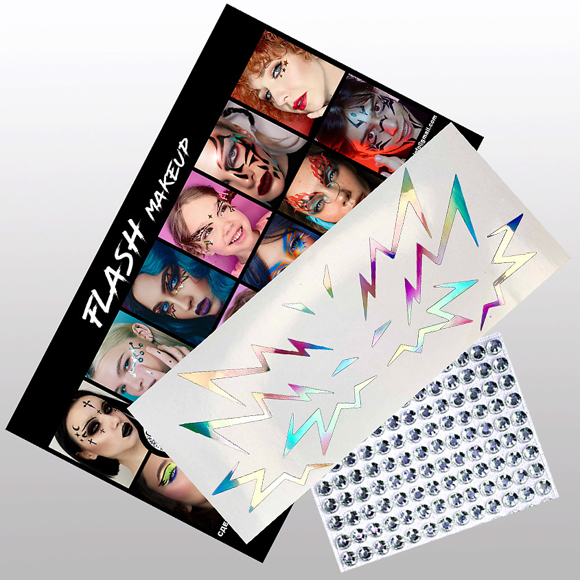 Изображение товара VLASOVA JULIA Наклейки для макияжа набор - стразы, молнии голографика F0504, наклейки молнии для лица голографические-1 лист ; стразы-1 лист ;картонная брендированная упаковка-1 шт; пакет прозрачный-1шт