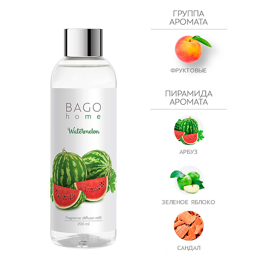Изображение товара BAGO HOME Набор наполнитель и фибровые палочки для ароматического диффузора Арбуз, 200 мл