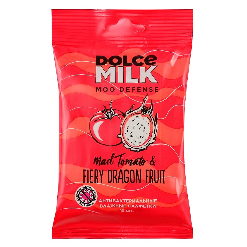 Изображение товара Влажные антибактериальные салфетки DOLCE MILK Драгон фрукт & томат 15 шт