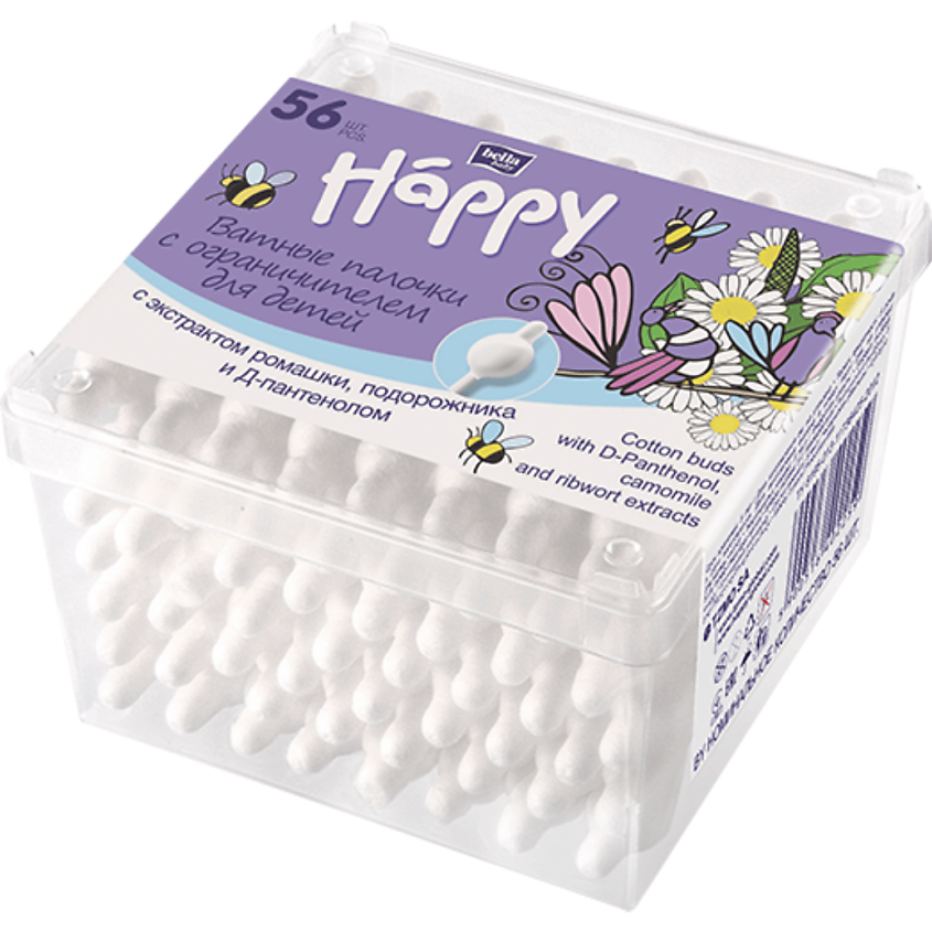 Изображение товара BELLA BABY HAPPY Ватные палочки с экстрактом ромашки, подорожника и Д-пантенолом, 56 шт.