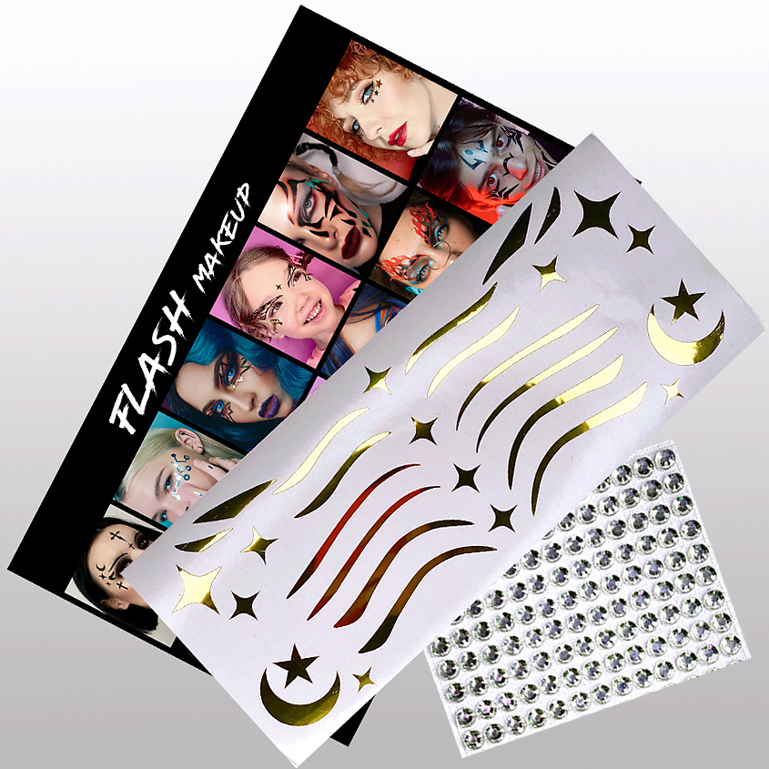 Изображение товара VLASOVA JULIA Наклейки для макияжа стрелки стразы звездочки луны черный 1703 золото, наклейки стрелки для век черные -1 лист ; стразы-1 лист 115 штук 4мм;картонная брендированная упаковка-1 шт; пакет прозрачный-1шт