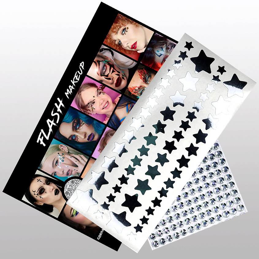 Изображение товара VLASOVA JULIA Наклейки для макияжа-звезды мягкие серебро и стразы F08, наклейки звездочки серебро-1 лист ; стразы-1 лист ;картонная брендированная упаковка-1 шт; пакет прозрачный-1шт