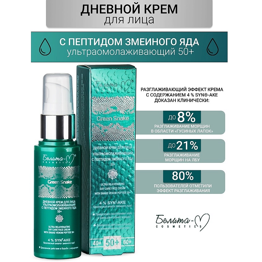 Изображение товара БЕЛИТА-М Крем для лица Дневной ультраомолаживающий 50+ Green Snake, 50 мл