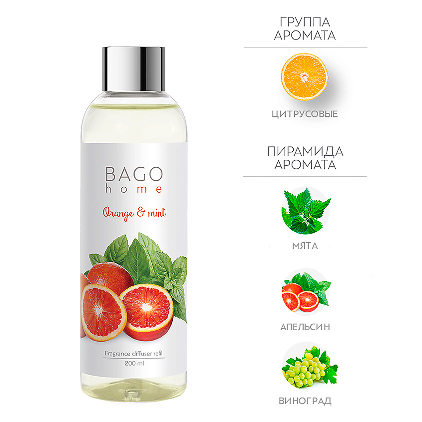 Изображение товара BAGO HOME Набор наполнитель и фибровые палочки для ароматического диффузора Апельсин с мятой, 200 мл