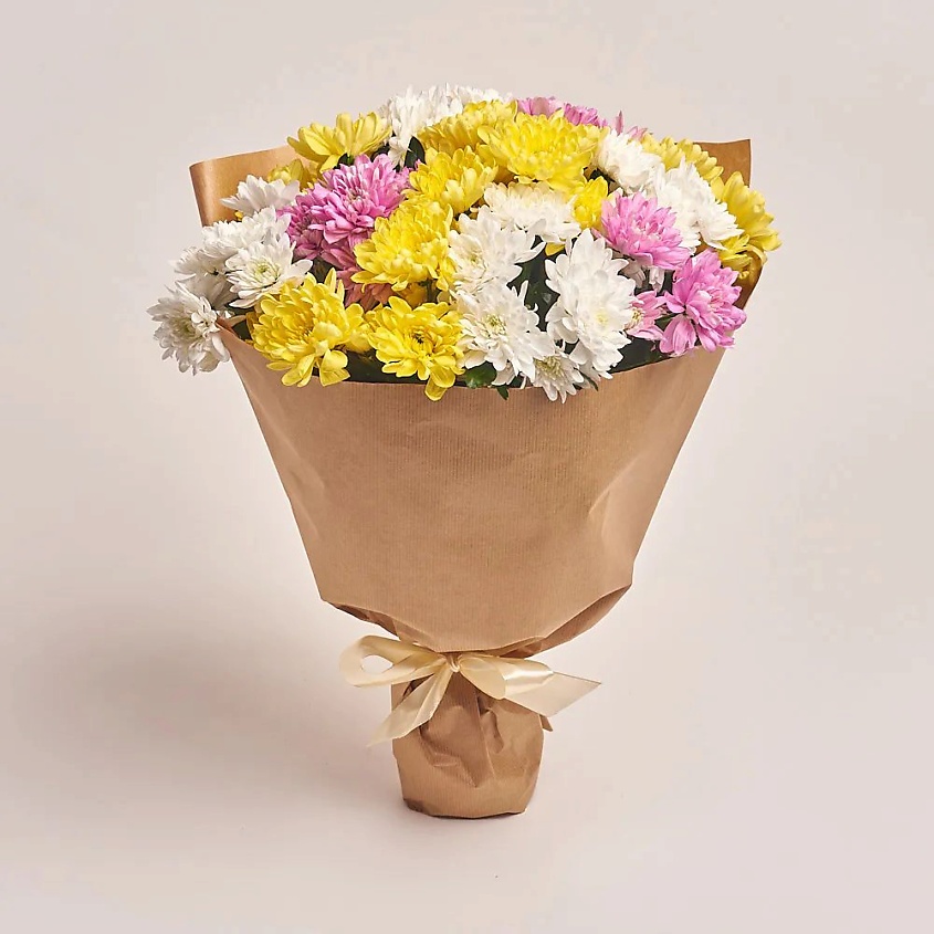 Изображение товара AZALIANOW ЦВЕТЫ. ПОДАРКИ. ДЕКОР Букет из 11 разноцветных кустовых хризантем в крафт-бумаге, Букеты и композиции из живых цветов могут на несколько тонов отличаться от изображений. Часть цвета искажается в зависимости от настроек экрана.