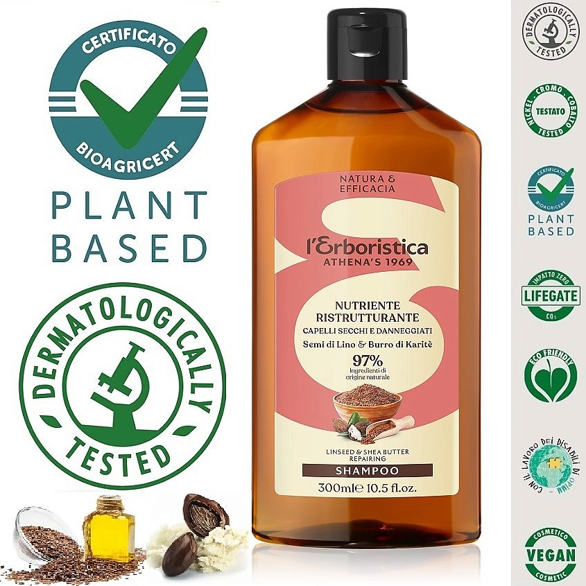 Изображение товара L`ERBORISTICA Натуральный Шампунь для окрашенных и поврежденных волос с маслами Льна и Ши, 300 мл