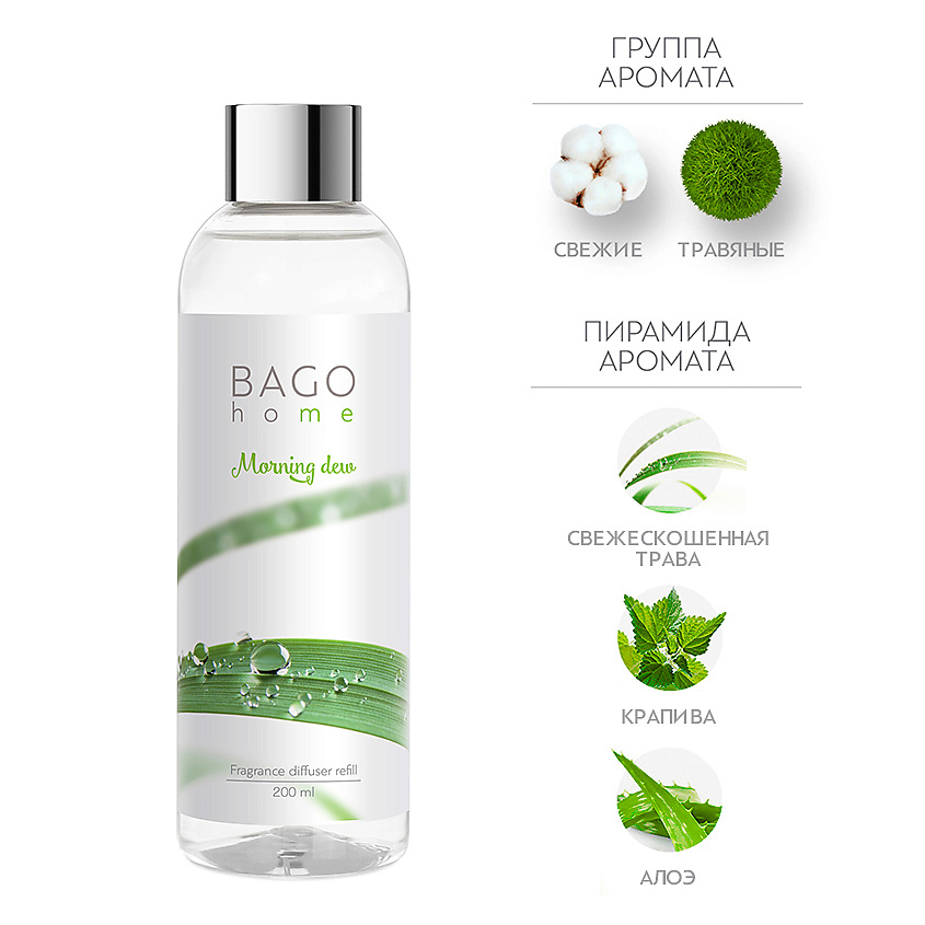 Изображение товара Набор ароматического диффузора Утренняя роса с палочками 200 мл от BAGO home