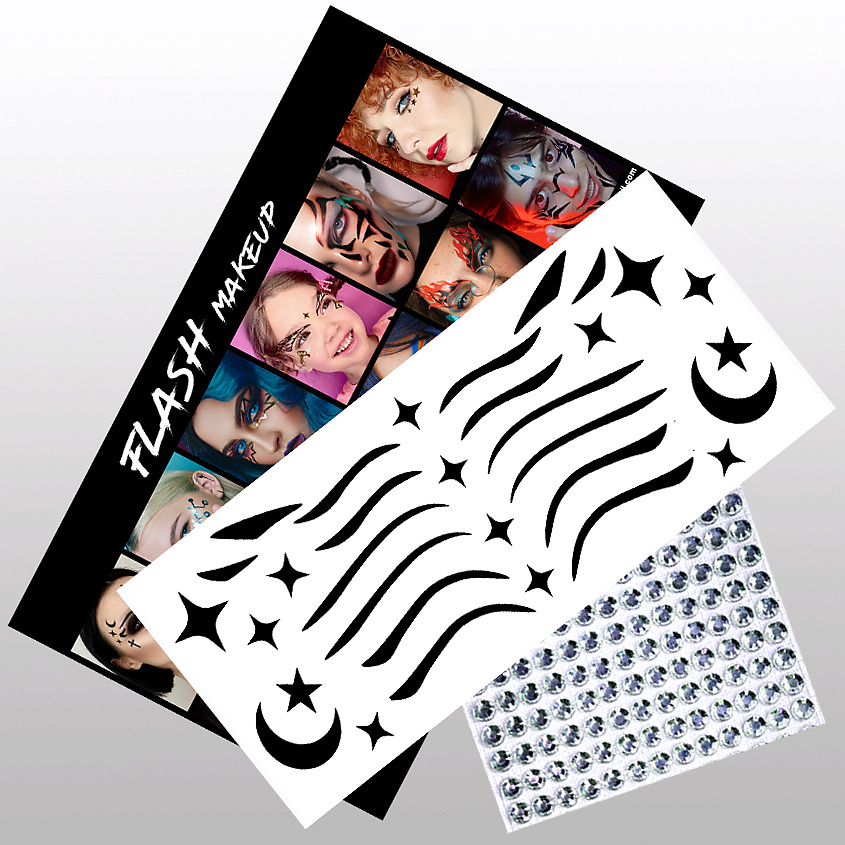 Изображение товара VLASOVA JULIA Наклейки для макияжа стрелки стразы звездочки луны черный 1701, наклейки черные -1 лист ; стразы-1 лист 115 штук 4мм;картонная брендированная упаковка-1 шт; пакет прозрачный-1шт