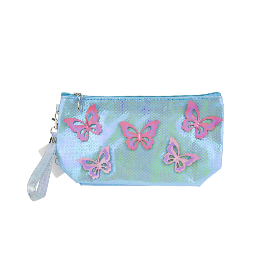 Изображение товара Бирюзовая косметичка LUKKY с голографическими бабочками и съемным ремешком