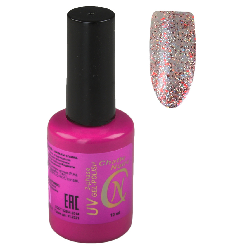 Изображение товара CHATTE NOIRE Гель-лак для ногтей Red, тон 1582 серебряно-красный голографический глиттер, 10 цвет