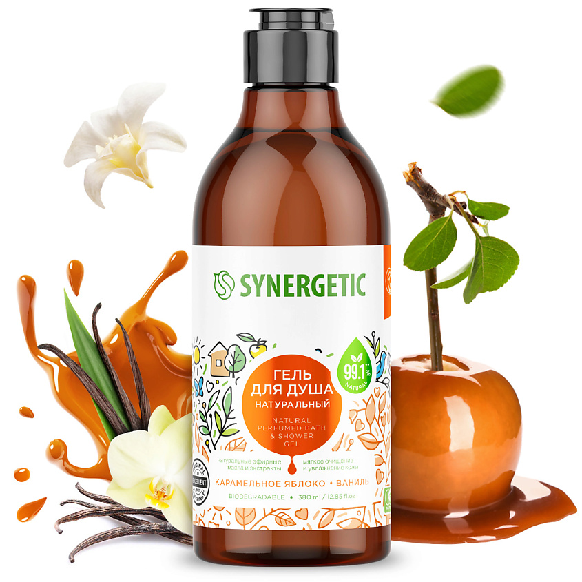 Изображение товара SYNERGETIC Натуральный биоразлагаемый гель для душа Карамельное яблоко и ваниль, 380 мл