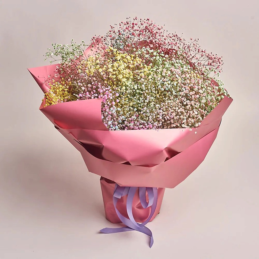 Изображение товара Букет из 25 радужных гипсофил с подарками и доставкой