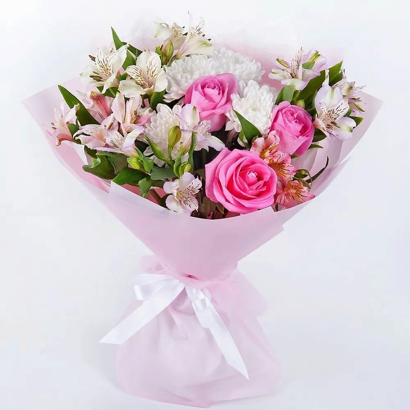 Изображение товара Букет живых цветов с альстромериями, розами и хризантемой доставка