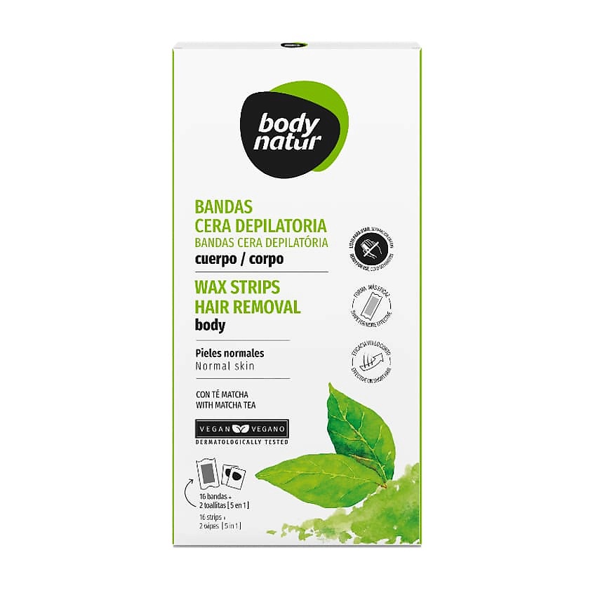 Изображение товара BODY NATUR Восковые полоски для депиляции тела для нормальной и сухой кожи с экстрактом чая матча Wax Strips Hair Removal Face, 16 шт. + 2 шт.