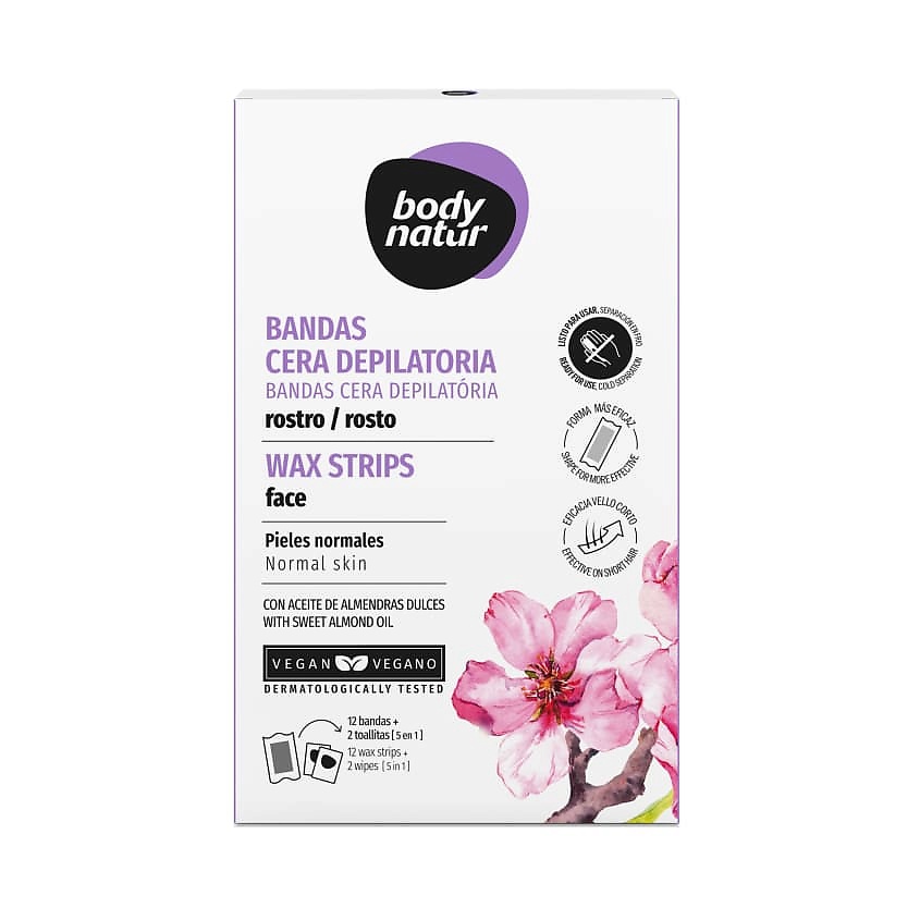 Изображение товара BODY NATUR Восковые полоски для депиляции для лица с миндальным маслом Wax Strips Hair Removal Face, 12 шт. + 2 шт.
