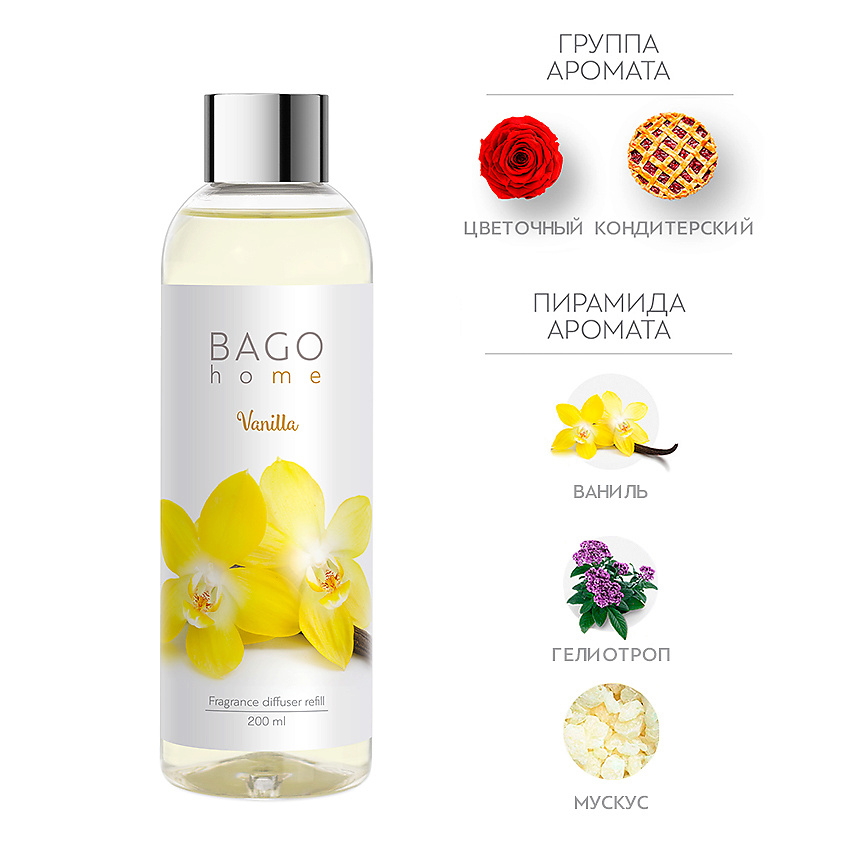 Изображение товара Набор для ароматического диффузора Ваниль 200 мл с палочками BAGO HOME