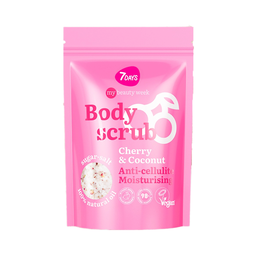 Изображение товара 7DAYS Скраб для тела антицеллюлитный увлажняющий солевой с маслами CHERRY&COCONUT, MY BEAUTY WEEK, 250 г