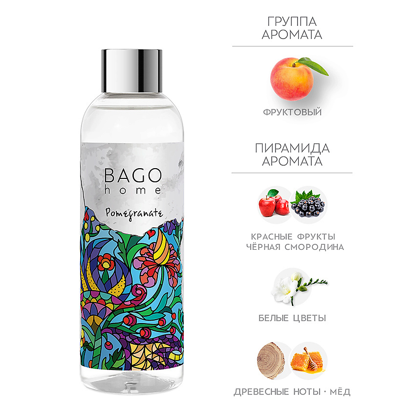 Изображение товара BAGO HOME Набор наполнитель и фибровые палочки для ароматического диффузора Гранатовое дерево 200 м