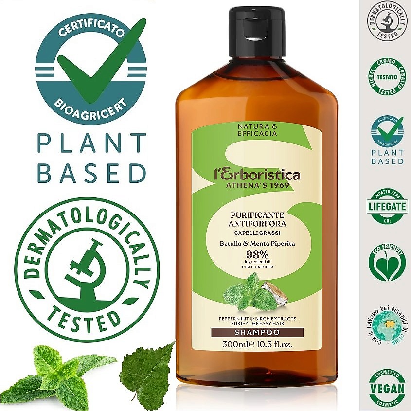 Изображение товара L`ERBORISTICA Натуральный Шампунь для волос, регулятор кожного жира с экстрактами берёзы и мяты, 300 мл