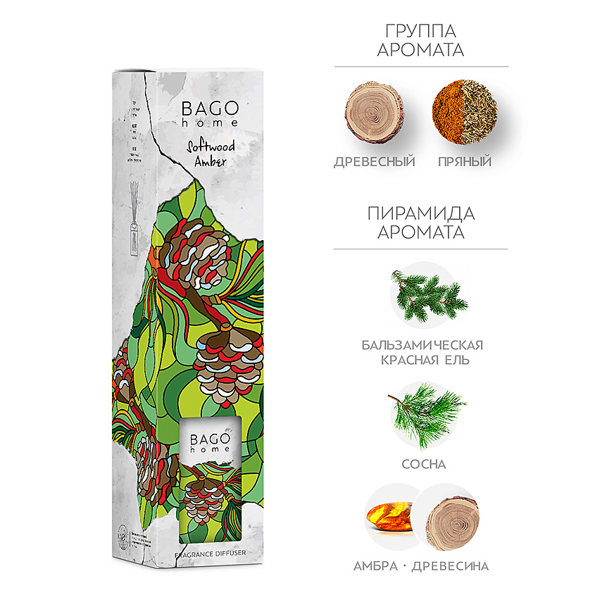 Изображение товара Ароматический диффузор БAGO HOME Янтарная ель 110 мл с благородным хвойным ароматом