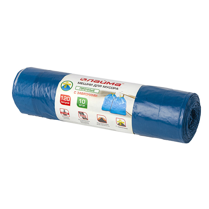 Изображение товара LAIMA Мешки для мусора с завязками прочные, 120 л., 10 шт.