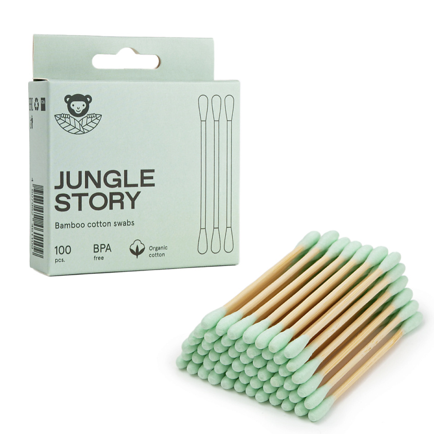 Изображение товара JUNGLE STORY Ватные палочки с зелёным ультра мягким хлопком, 100 шт