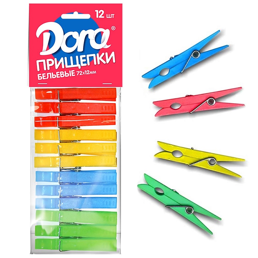 Изображение товара DORA Прищепки пластиковые, 12шт, Цвет: красный, желтый, зеленый