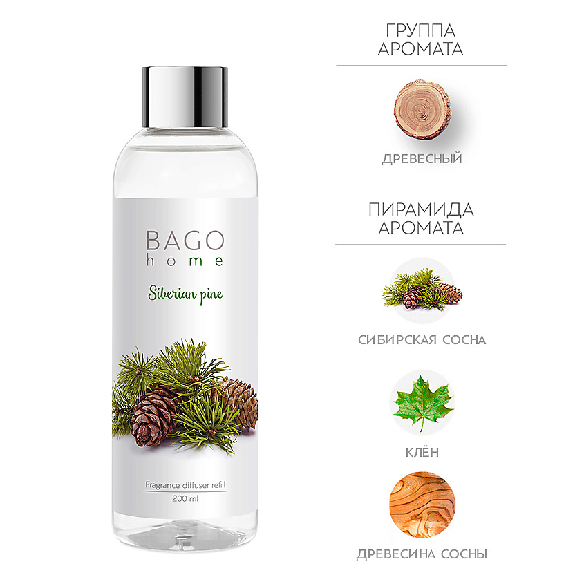Изображение товара BAGO HOME Набор наполнитель и фибровые палочки для ароматического диффузора Сибирская сосна, 200 мл