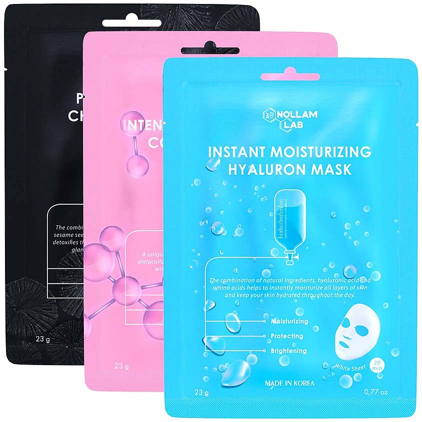 Изображение товара Nollam Lab Набор корейских тканевых масок для лица: Гиалуроновая, Коллагеновая и Угольная, 3 шт