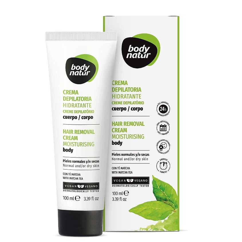 Изображение товара BODY NATUR Крем для депиляции увлажняющий для тела для нормальной и сухой кожи с экстрактом чая матча Hair Removal Cream Mousturising Body, 100 мл